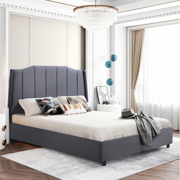 Κρεβάτι γκρι βελούδο με αποθηκευτικό χώρο rozario